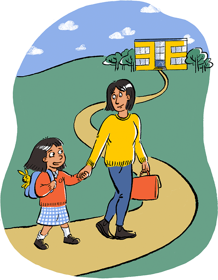 Cartoon of a parent and child on their way to school