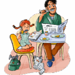 Caregiver and child brush teeth