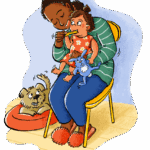 Caregiver shows child how to brush teeth