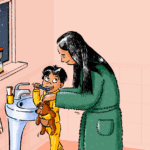 Child brushes teeth at sink